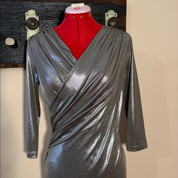 Pink Tartan Metallic Platinum Silver Drape Twist Long Sleeve Dress Size XS - Picture 5 of 14